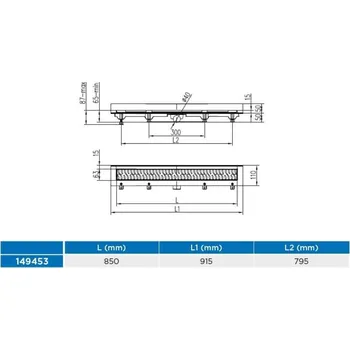 Žlab podlahový lineární ke stěně 850 mm, D 40 mm, boční, medium mat, ENPRO