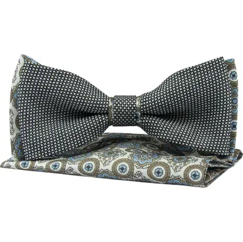 Motýlek Černo béžový pánský motýlek s modrými detaily a ornamentálním vzorem