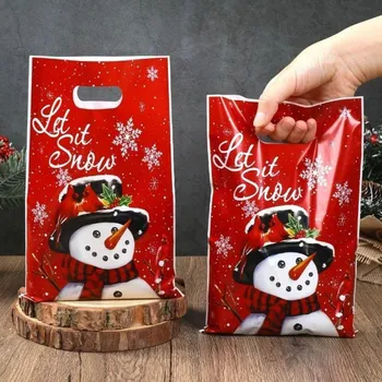 Dárková taška 10 ks Vánoční dárková taška se sněhulákem 25 x 16,5 cm Plastové tašky s uchy na malé vánoční dárky a cukrovinky Veselý zimní motiv