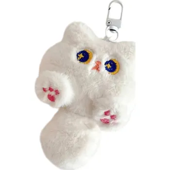 Roztomilý bílý plyšový kočičí přívěsek 10,5 x 7,5 cm Měkký plyšák s oušky a ocáskem Klíčenka Dekorace na tašku Batoh Dárek pro milovníky koček