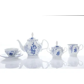 Čajová souprava, český porcelán, Bernadotte, modré květy, 15 d., Thun 1794