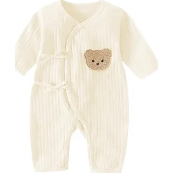Kojenecký overall Dětský bavlněný overal s dlouhým rukávem a medvídkem Unisex batolecí pyžamo na patenty s mašličkami Výstřih do V Jednobarevné béžova 0-1 měsíc