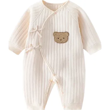 Kojenecký overall Dětský bavlněný overal s dlouhým rukávem a medvídkem Unisex pyžamo pro batolata Výstřih do V Na patenty s mašličkami Jednobarevné béžova 3-6 měsíců