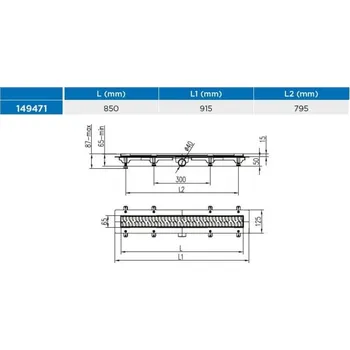 Žlab podlahový lineární 850 mm, D 40 mm, boční, medium mat, černý, ENPRO