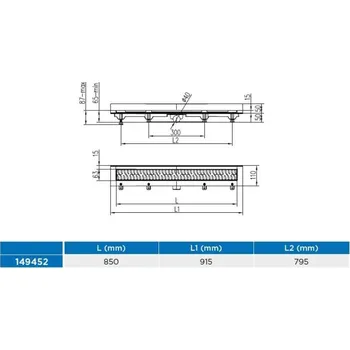 Odvodňovací žlab Žlab podlahový lineární ke stěně 850 mm, D 40 mm, boční, square mat, ENPRO