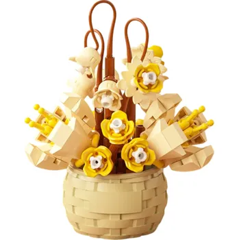 ostatní stavebnice Stavebnice Květináč s jarním aranžmá 5,5 × 6,7 × 9 cm Dekorace z kostek Žluté květy a mini deštníky