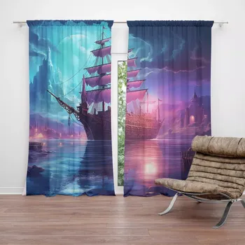 Závěs Sablio Závěs Magická plachetnice pod měsícem: 2ks 140x250cm