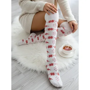 Dámské punčochy Pohodlné vánoční nadkolenky se vzorem WHITE se šňůrkou, VELIKOST UNI
