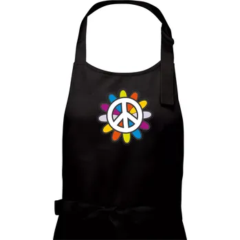Kuchyňská zástěra Peace symbol s kreslenou květinou - Dámská zástěra na vaření - Univerzální velikost ( Černá )