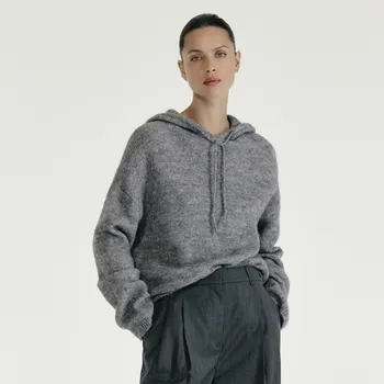 Dámský svetr Reserved - Svetr s kapucí a vlnou - středně šedá - 728II-85M - 728II-85M-XL