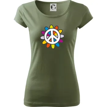Dámské tričko Peace symbol s kreslenou květinou - Dámské triko Pure - XS ( Khaki )