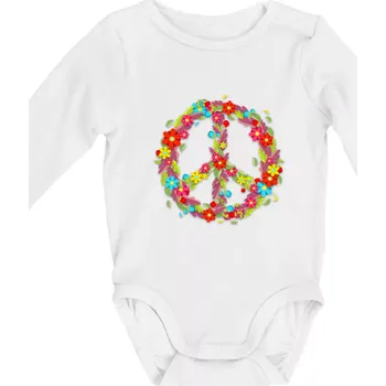 Peace symbol červené květiny - Body kojenecké s dlouhým rukávem - Dlouhý r. 3-6 měs ( Bílá )