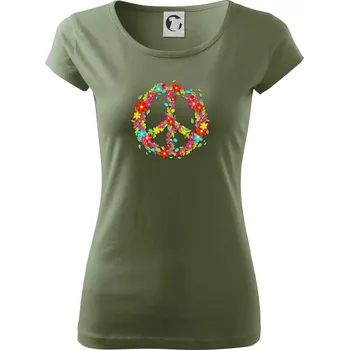 Dámské tričko Peace symbol červené květiny - Dámské triko Pure - XL ( Khaki )