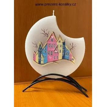 Svíčka Plochá svíčka kulatá - domečky ( Česká svíčka motiv domečků)