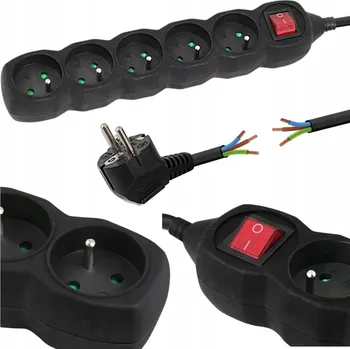 Napájecí kabel ZÁSUVKOVÁ LIŠTA 5 ZÁSUVEK VYPÍNAČ 3M PRODLUŽOVACÍ KABEL ČERNÁ MAX 3680W