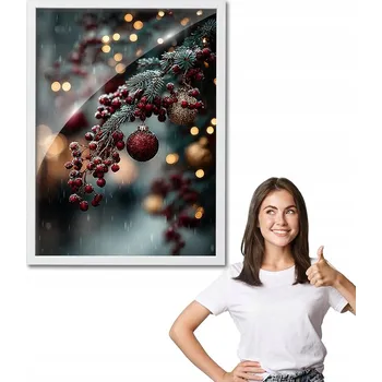 Obraz Obraz s rámečkem vzor VÁNOČNÍ VĚTVIČKA + bílý rámeček 30x40 na zeď, obývací pokoj