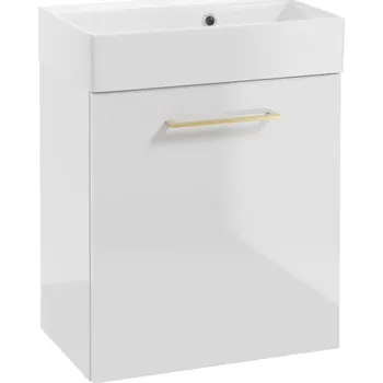 Koupelnový nábytek Závěsná koupelnová skříňka s umyvadlem 60x50 cm, bílý lesk, zlaté úchytky