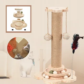 Multifunkční škrabadlo pro kočky - s pevnou dřevěnou základnou, interaktivní dráha