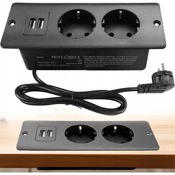 Elektrická zásuvka ZAPUŠTĚNÁ ZÁSUVKA DO DESKY 2x USB 2x ZÁSUVKY EU SKRYTÁ INSTALACE 1.5M