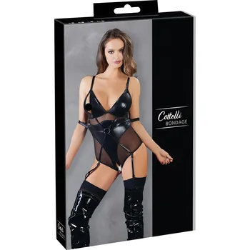 Dámské erotické prádlo Cottelli Bondage - lesklé body s pouty (černé) - M