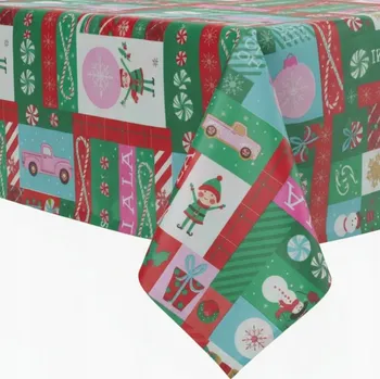 Vánoční dekorace Jednorázový vánoční ubrus 130x180 cm, plastový, zelený - imitace voskovaného plátna, motiv Vánoc