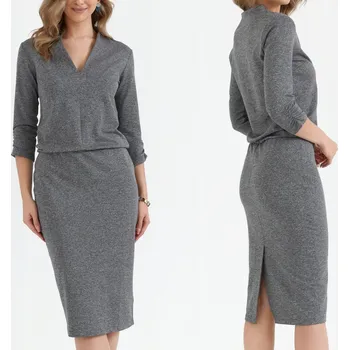 Dámské šaty STYLOVÉ DÁMSKÉ ŠATY S MIDI VÝSTŘIHEM ELEGANTNÍ TUŽKOVÁ, GRAFITOVÁ, 40 L