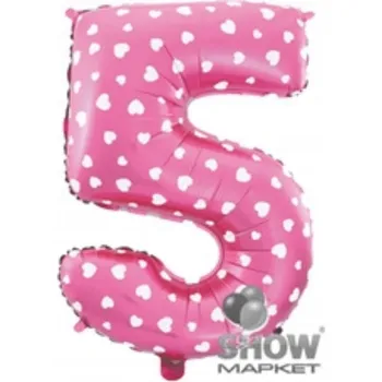Balónek Fóliový Balón Číslice "5" Růžový se Srdíčka (100 cm)