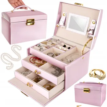 Šperkovnice Kufřík Šperkovnice Na Bižuterii s klíčem, zrcadlem, zásuvkami, Pudrová Růžová