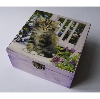 Dárková krabička Dřevěná krabička - 4 přihrádky - Kotě na židli