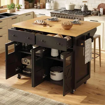 Servírovací stolek Kuchyňský ostrov, kuchyňský vozík, mobilní kredenc, černá, 140*73*93.5 cm
