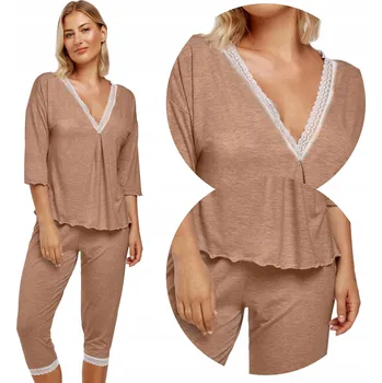 Dámské noční prádlo Azal Pyžamo Noční dámské pyžamo 3/4 karamelové s krajkou vel. M