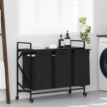 Koš na prádlo Koš na prádlo se 3 přihrádkami a kolečky hnědý dub