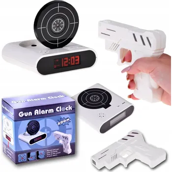 Budík INTERAKTIVNÍ BUDÍK S PISTOLÍ A LASEREM - ELEKTRONICKÝ ALARM S TERČEM