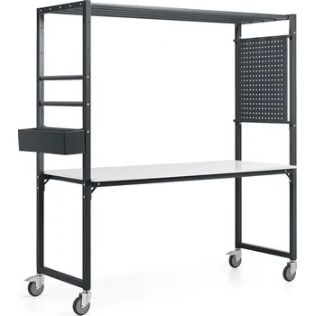 Dílenský stůl Mobilní multifunkční stůl TEAMWORK, box na příslušenství, perforovaný panel, antracitová/whiteboard