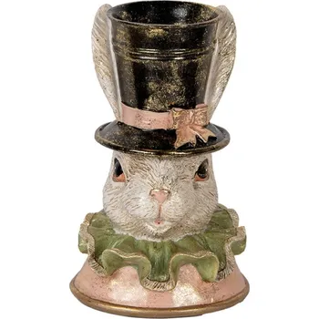 Dekorace velká busta králíka s rokokovým límcem v klobouku – 29 cm