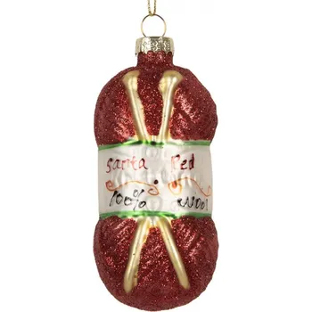 Vánoční ozdoba Červená skleněná vánoční ozdoba klubíčko vlny s pletacími jehlicemi Santa Red Wool – 8x8x8 cm