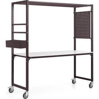 Dílenský stůl Mobilní multifunkční stůl TEAMWORK, box na příslušenství, perforovaný panel, vínová/whiteboard deska