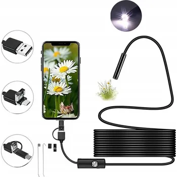 INSPEKČNÍ ENDOSKOPICKÁ KAMERA 3v1 pro Android Telefon, PC, USB, 10M, 6 LED, Nastavitelná