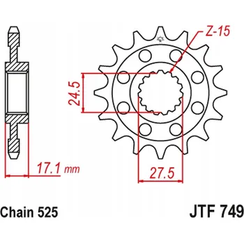 Motodíl Přední řetězové kolo JT JTF749.15RB, 15 zubů, rozměr 525 s tlumičem vibrací