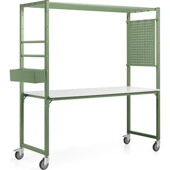 Dílenský stůl Mobilní multifunkční stůl TEAMWORK, box na příslušenství, perforovaný panel, zelená/whiteboard deska
