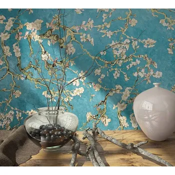 Tapeta Orientální tapeta Van Gogh s motivem větviček, tyrkysová vinylová