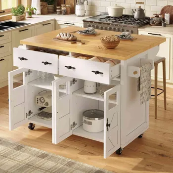 Servírovací stolek Kuchyňský ostrov, Kuchyňský vozík, Mobilní příborník, Bílý, 140*73*93.5 cm