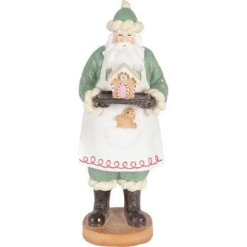 Vánoční dekorace Santa Claus pekař s perníkovým domečkem v zeleném šatu – 11x11x30 cm