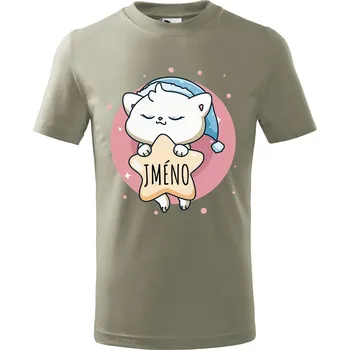 Dětská móda Dětské tričko s potiskem Spící kočička Velikost: 134/8 let, Barva trička: Světle khaki