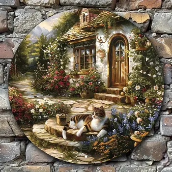 Plechová cedule Babyliss RETRO plechová cedule 2D - KOČKA V ZAHRADĚ průměr 20 cm