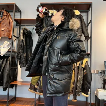 Moto bunda Leather Fashion Dlouhý pánský kabát z jehněčí kůže s límcem z pravé kožešiny Velikost: M