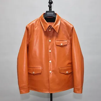 Moto bunda Leather Fashion Stylová bunda z pravé hovězí kůže pro jarní a podzimní období Barva: Oranžová, Velikost: M