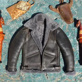 Moto bunda Leather Fashion Pilotní bunda B3 z pravé ovčí kůže s hřejivým vlněným lemem Barva: Šedá, Velikost: M