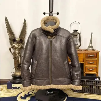 Moto bunda Leather Fashion Pánská zimní letecká bunda B3 z ovčí kůže s beránkem Barva: Hnědá, Velikost: M