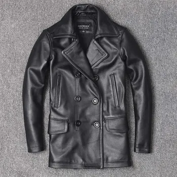 Hodinky Leather Fashion Pánský kožený kabát z hovězí kůže s dvouřadým zapínáním Barva: Černá, Velikost: 4XL